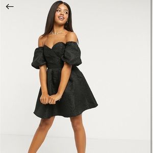 Lipsy Drape Off Shoulder Mini Jacquard Print Skater Dress